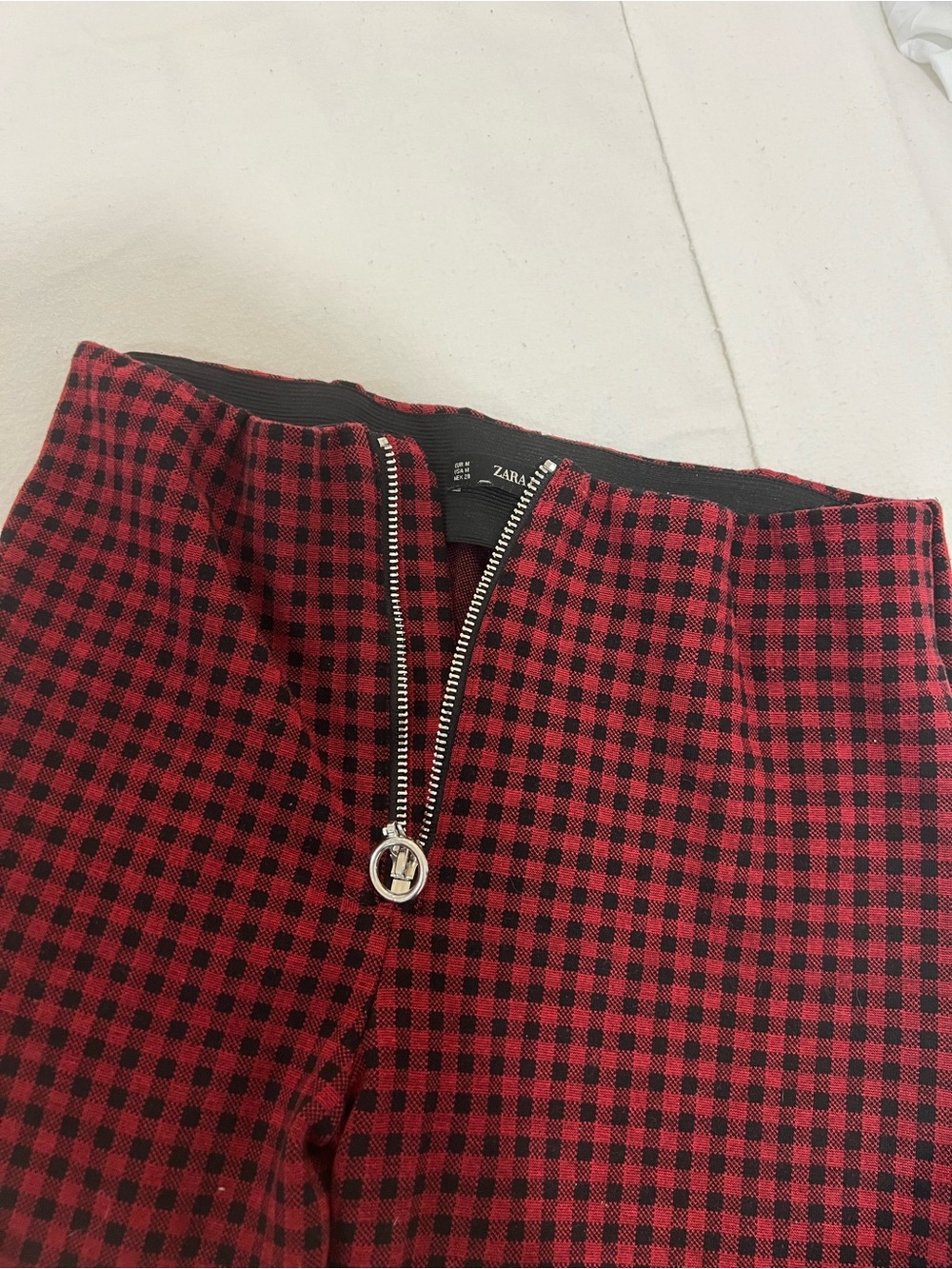 Zara Red and Black Check Leggings with Ankle Zip Detail